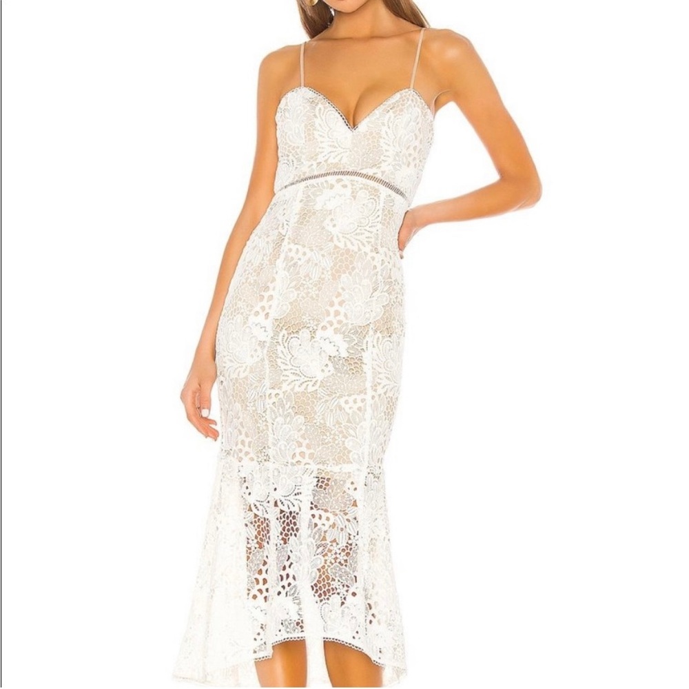 X by NBD Dress “Tove” lace midi dress from Revolve